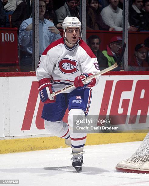 Mark Recchi of the Montreal Canadiens skates during the 1990's at the Montreal Forum in Montreal, Quebec, Canada. Recchi played for the Montreal...