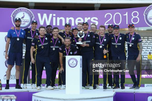 Hampshire players pose with the Trophy as they celebrate their victory during the Royal London One-Day Cup Final match between Kent and Hampshire at...