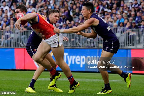 Daniel McStay of the Lions in action during the round 15 AFL match between the Fremantle Dockers and the Brisbane Lions at Optus Stadium on July 1,...