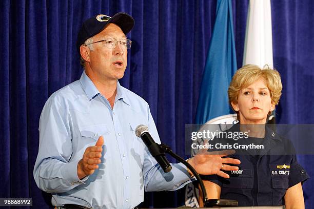 Interior Secretary Ken Salazar speaks with US Coast Guard Rear Admiral Mary Landry during a press conference about the response efforts oil spill...