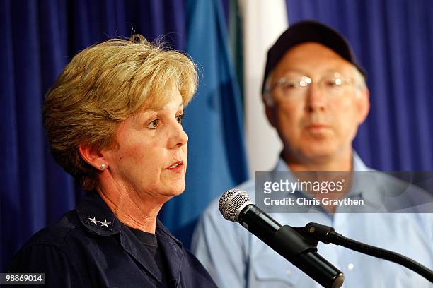 Coast Guard Rear Admiral Mary Landry, speaks as Interior Secretary Ken Salazar listens during a press conference about the response efforts for the...