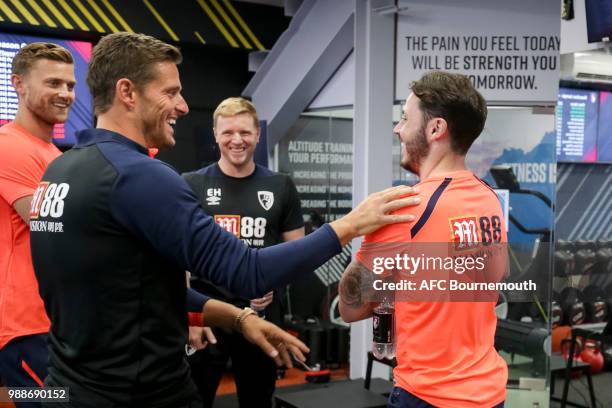 Bournemouth assistant manager Jason Tindall with manager Eddie Howe and Adam Smith of Bournemouth during a series of fitness tests, ahead of the...