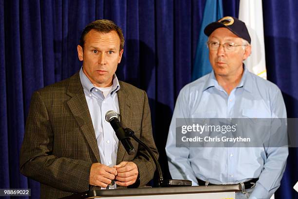Chief Operating Officer Doug Suttles speaks as Interior Secretary Ken Salazar listens during a press conference about the response efforts for the...