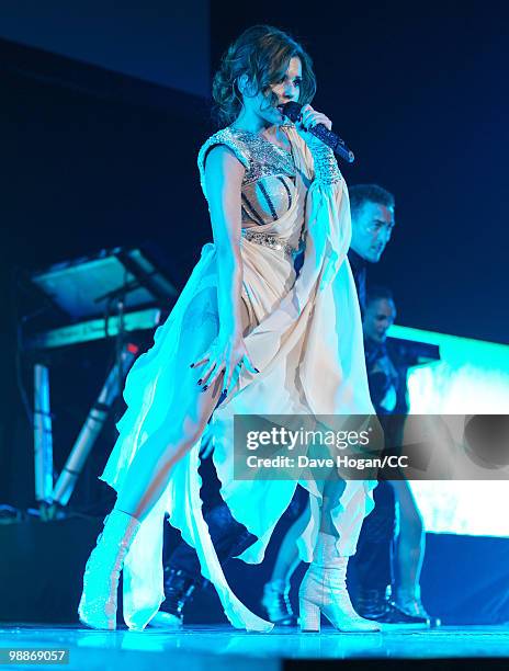 Cheryl Cole performs songs from her hit album '3 Words' as a special guest of The Black Eyed Peas on their European tour held at the O2 Arena on May...