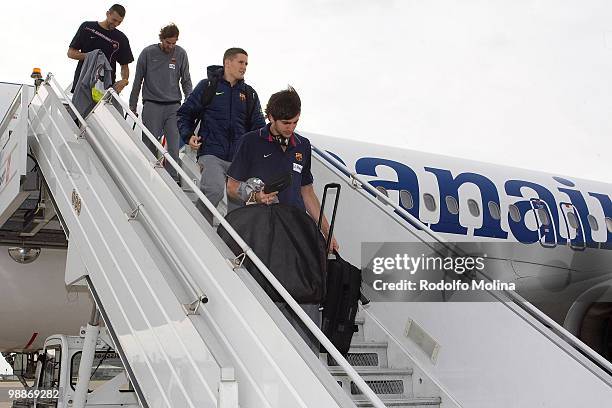 Ricky Rubio, #9 of Regal FC Barcelona and Jaka Lakovic, #10 during the team's arrival at Charles de Gaulle Airport on May 5, 2010 in Paris, France.