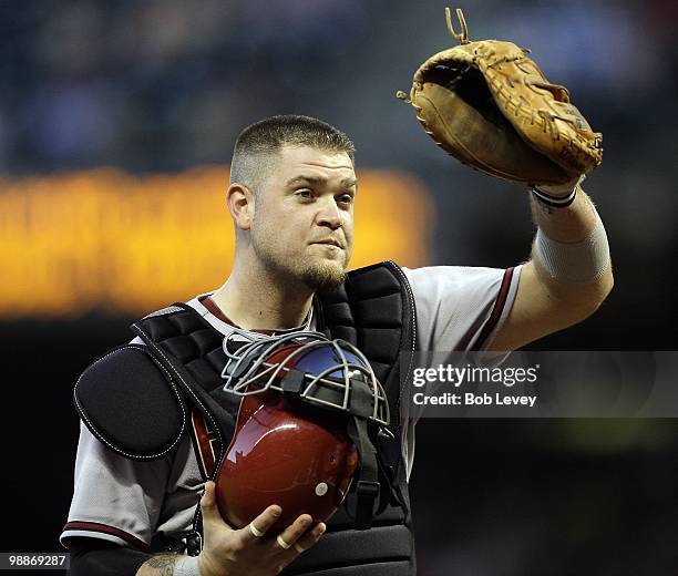 Catcher Chris Snyder of the Arizona Diamondbacks looks on against the Houston Astros at Minute Maid Park on May 4, 2010 in Houston, Texas.