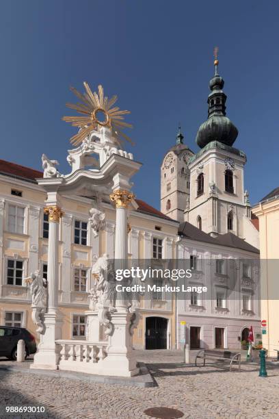 square in front of the town hall with nepomuk column, krems, wachau, lower austria, europe - town hall square stock pictures, royalty-free photos & images