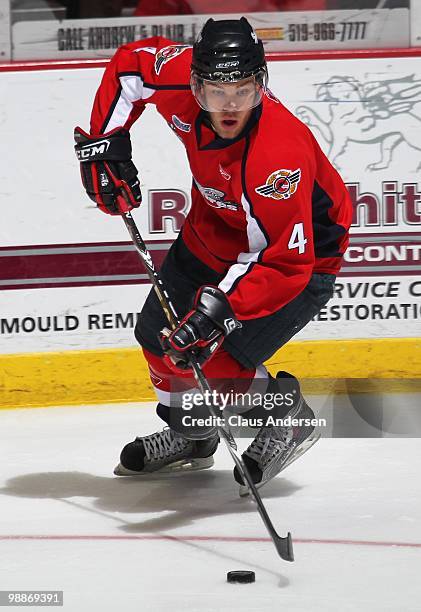 Taylor Hall of the Windsor Spitfires skates with the puck in the 4th game of the OHL Championship Final against the Barrie Colts on May 4,2010 at the...