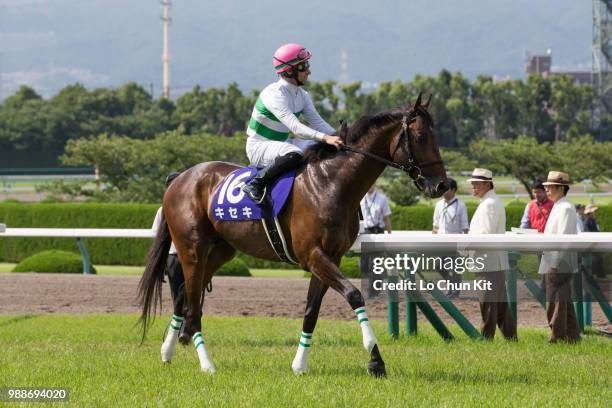 Jockey Mirco Demuro riding Kiseki during the Takarazuka Kinen at Hanshin Racecourse on June 24, 2018 in Takarazuka, Japan.