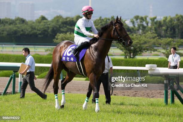 Jockey Mirco Demuro riding Kiseki during the Takarazuka Kinen at Hanshin Racecourse on June 24, 2018 in Takarazuka, Japan.