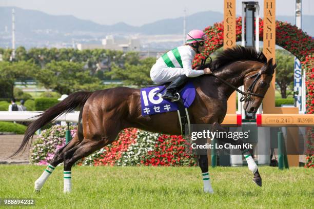 Jockey Mirco Demuro riding Kiseki during the Takarazuka Kinen at Hanshin Racecourse on June 24, 2018 in Takarazuka, Japan.