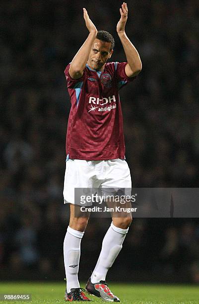 Rio Ferdinand salutes the crowd during the Tony Carr Testimonial match between the Academy All-Stars and West Ham United at the Boleyn Ground on May...