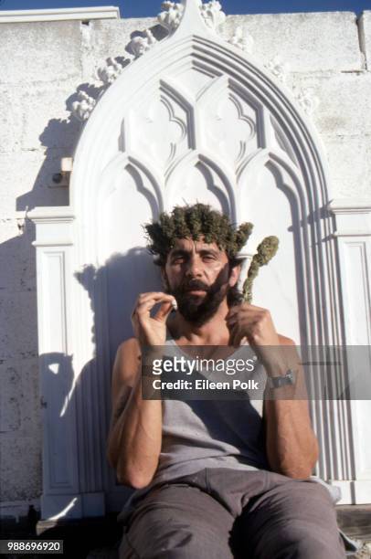 Portrait of Canadian actor, comedian, and marijuana-rights activist Tommy Chong as he poses outdoors, Topanga, California, March 1989.