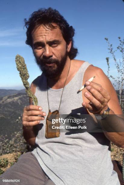 Portrait of Canadian actor, comedian, and marijuana-rights activist Tommy Chong as he poses outdoors, Topanga, California, March 1989.