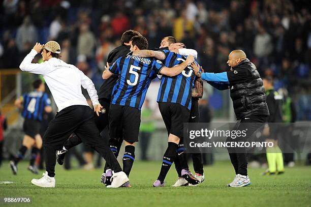 Inter Milan's Serbian midfielder Dejan Stankovic and defender Marco Materazzi celebrate after defeating AS Roma in the Coppa Italia final on May 5,...