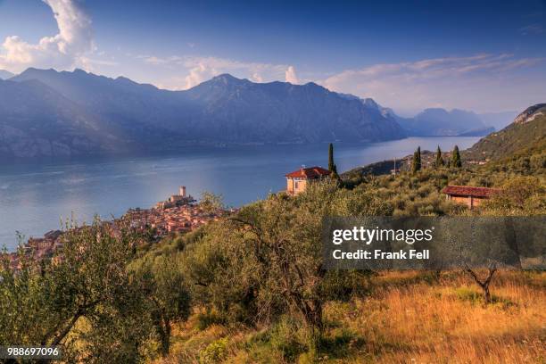 elevated view of castello scaligero (scaliger castle), malcesine, lake garda, veneto, italian lakes, italy, europe - malcesine stock pictures, royalty-free photos & images