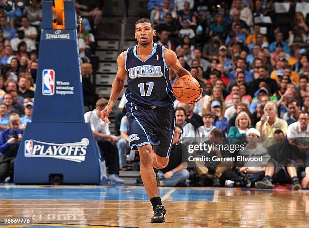 Ronnie Price of the Utah Jazz moves the ball up court against the Denver Nuggets in Game Five of the Western Conference Quarterfinals during the 2010...