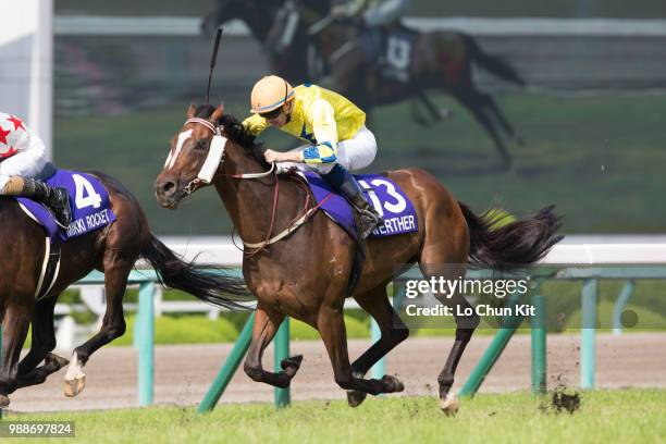 Jockey Hugh Bowman riding Hong Kong runner Werther finishes 2nd during the Takarazuka Kinen at Hanshin Racecourse on June 24, 2018 in Takarazuka,...