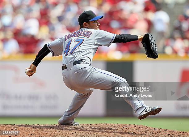 Hisanori Takahashi of the New York Mets throws a pitch during the game against the Cincinnati Reds on May 5, 2010 at Great American Ballpark in...