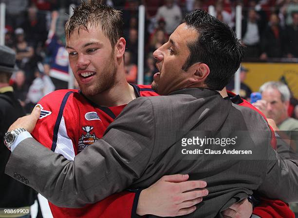 Head Coach Bob Boughner and Taylor Hall of the Windsor Spitfires congratulate each other after winning the Robertson Cup in the 4th game of the OHL...