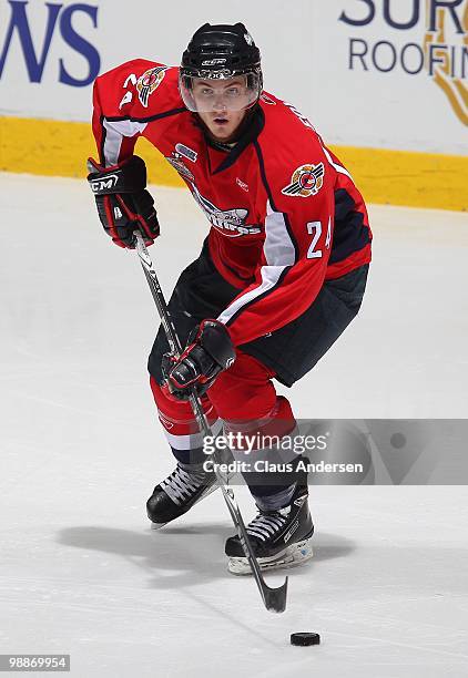 Cam Fowler of the Windsor Spitfires skates with the puck in the 4th game of the OHL Championship Final against the Barrie Colts on May 4,2010 at the...