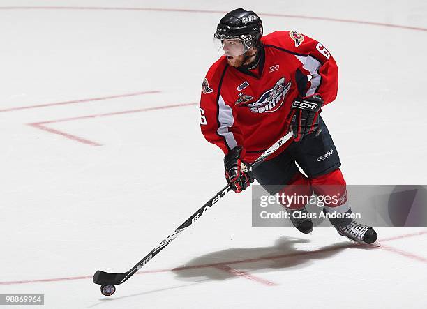 Ryan Ellis of the Windsor Spitfires skates with the puck in the 4th game of the OHL Championship Final against the Barrie Colts on May 4,2010 at the...