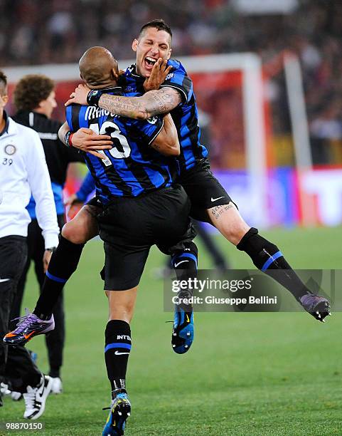 Marco Materazzi and Maicon of Inter celebrate victory after the Tim Cup match between FC Internazionale Milano and AS Roma at Stadio Olimpico on May...