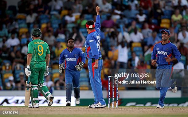 Hamid Hassan of Afghanistan celebrates the wicket of Mark Boucher during The ICC World Twenty20 Group C Match between South Africa and Afghanistan...