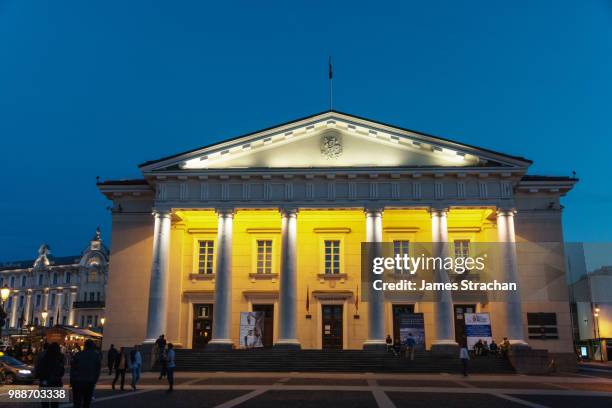 floodlit neo-classical town hall, old town, unesco world heritage site, vilnius, lithuania, europe - strachan stockfoto's en -beelden