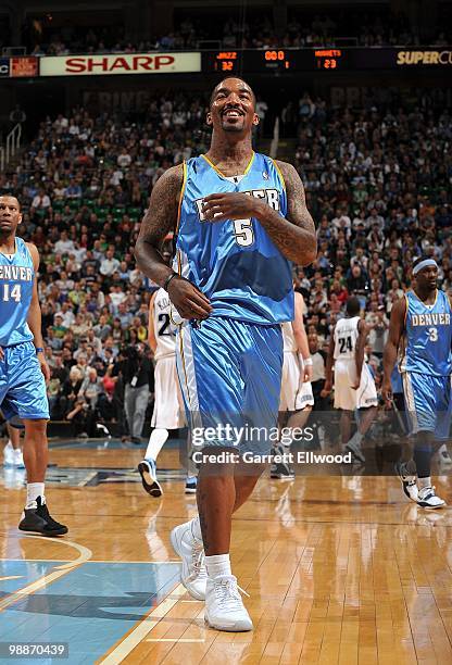 Smith of the Denver Nuggets smiles on the court while taking on the Utah Jazz in Game Six of the Western Conference Quarterfinals during the 2010 NBA...