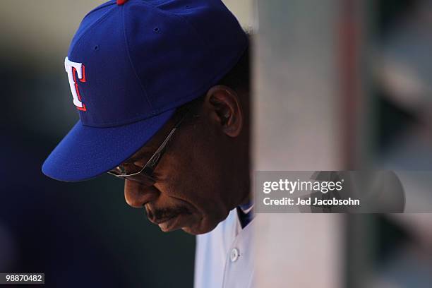 Manager Ron Washington of the Texas Rangers looks on against the Oakland Athletics during an MLB game at the Oakland-Alameda County Coliseum on May...