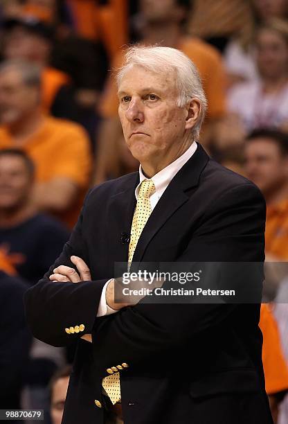 Head coach Gregg Popovich of the San Antonio Spurs reacts during Game One of the Western Conference Semifinals of the 2010 NBA Playoffs against the...