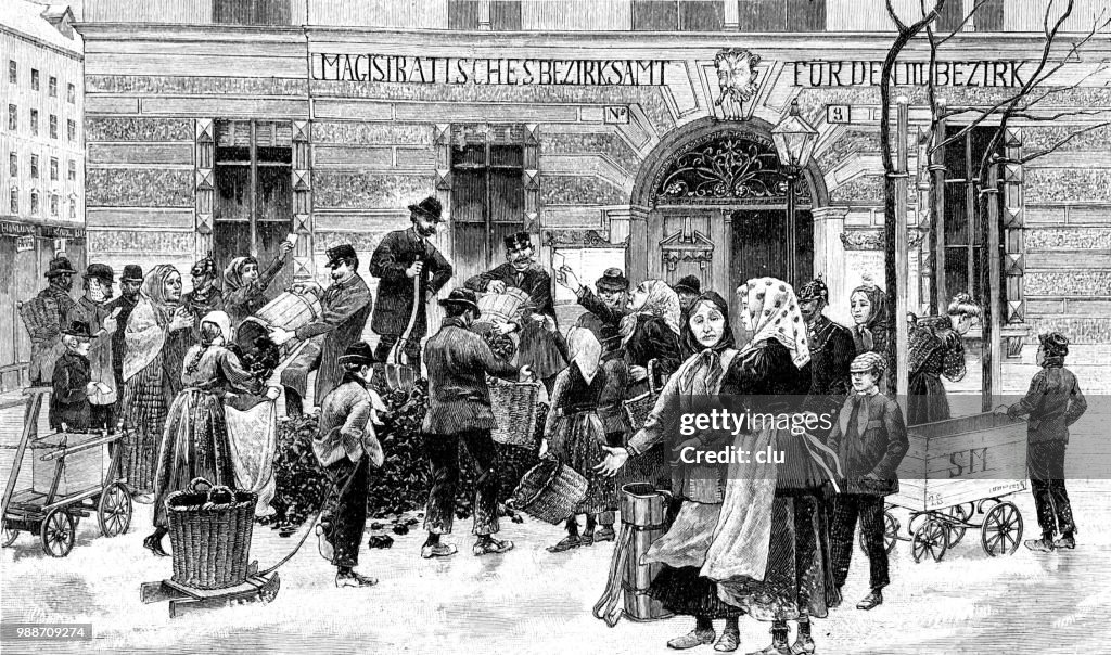 Verteilung der Kohle zu den armen Leuten in Wien