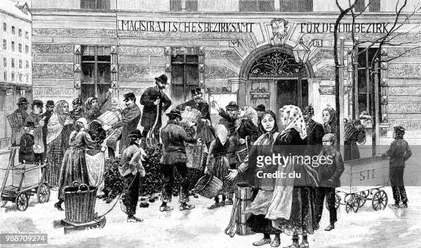 distribution of coal to the poor people in vienna - vienna town hall stock illustrations