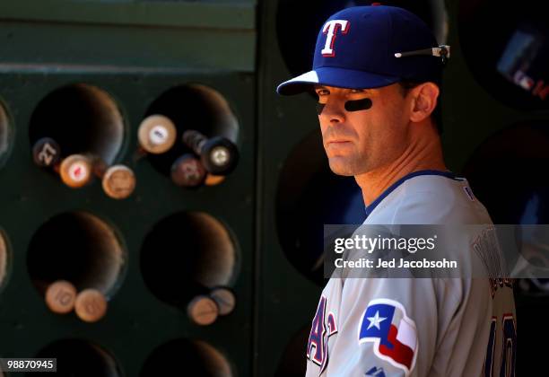 Michael Young of the Texas Rangers looks on against the Oakland Athletics during an MLB game at the Oakland-Alameda County Coliseum on May 5, 2010 in...