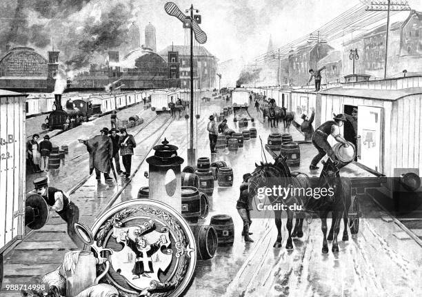 loading beer at the central station in munich - railway station stock illustrations