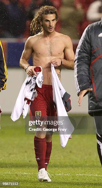 Kyle Beckerman of Real Salt Lake takes his shirt off after the game against Toronto FC at Rio Tinto Stadium on May 1, 2010 in Sandy, Utah. Real Salt...