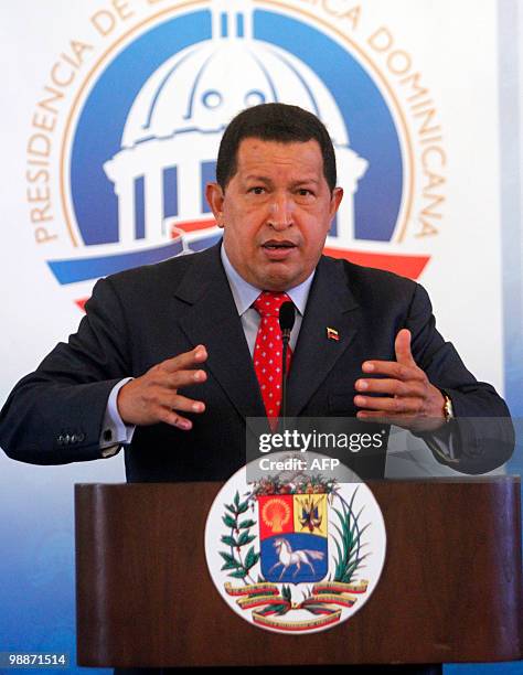 Venezuelan President Hugo Chavez speaks during a press conference in Santo Domingo, May 5, 2010. Chavez arrived in the Dominican Republic to sign the...