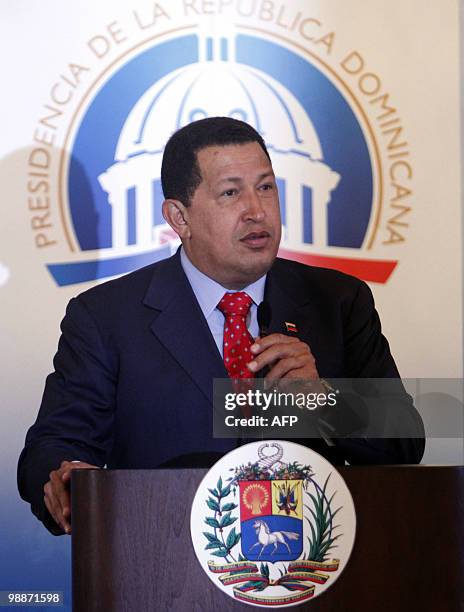 Venezuelan President Hugo Chavez speaks during a press conference in Santo Domingo, May 5, 2010. Chavez arrived in the Dominican Republic to sign the...