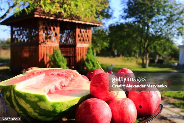 red apples and cut water-melon on the arbor background - water apples stock pictures, royalty-free photos & images