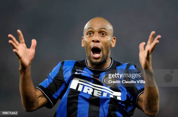 Maicon of Inter Milan celebrates during the Tim Cup final between FC Internazionale Milano and AS Roma at Stadio Olimpico on May 5, 2010 in Rome,...