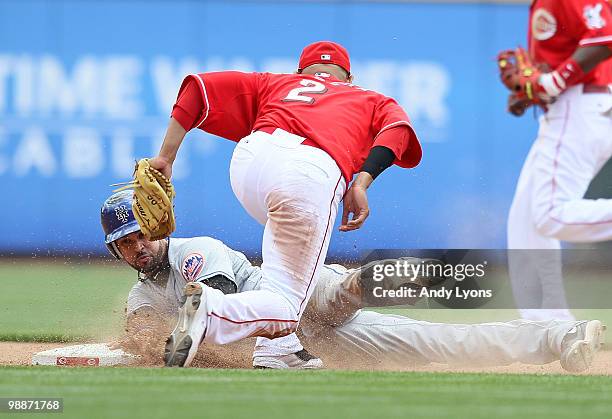 Orlando Cabrera of the Cincinnati Reds tags out as Angel Pagan of the New York Metsas he was attempting to steal second base during the game on May...