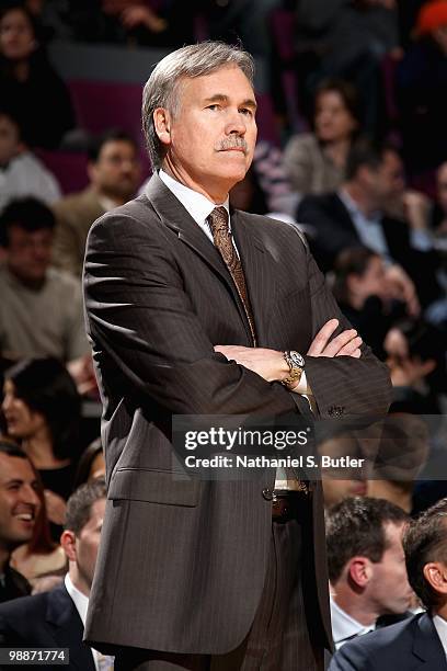 Head coach Mike D' Antoni of the New York Knicks watches the action during the game against the Atlanta Hawks on March 8, 2010 at Madison Square...