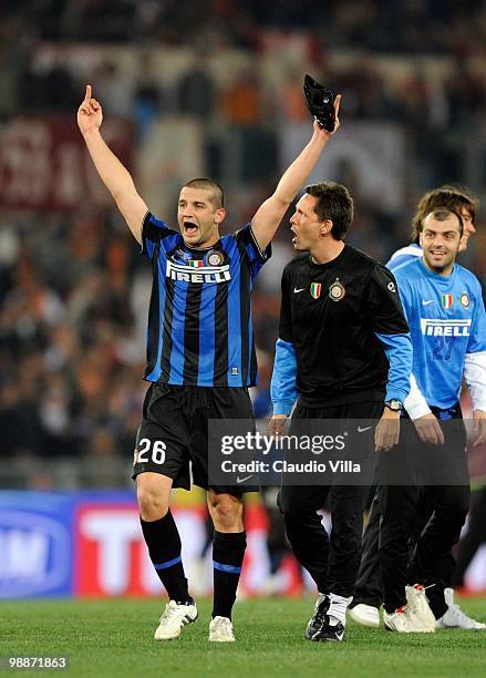 Cristian Chivu of Inter Milan celebrates after the Tim Cup final between FC Internazionale Milano and AS Roma at Stadio Olimpico on May 5, 2010 in...