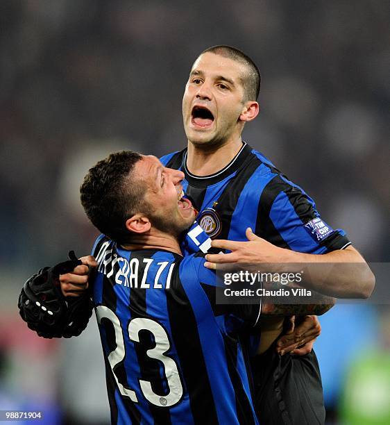 Marco Materazzi and Cristian Chivu of Inter Milan celebrate after the Tim Cup final between FC Internazionale Milano and AS Roma at Stadio Olimpico...