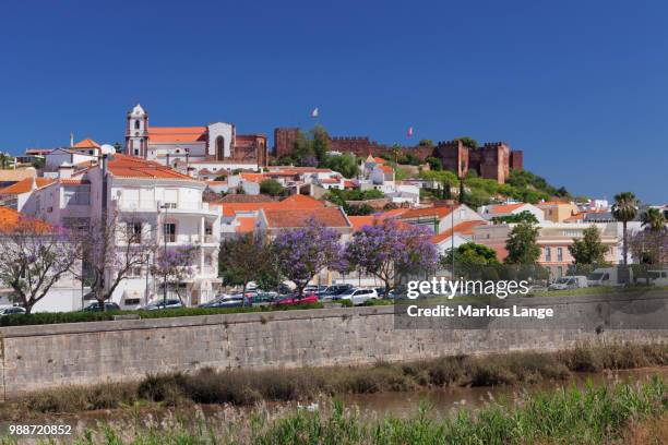 view over rio arade river to the cathedral and castle, silves, algarve, portugal, europe - silves portugal stock pictures, royalty-free photos & images