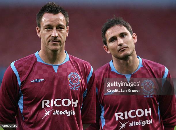 John Terry and Frank Lampard of the Academy All-Stars look on during the Tony Carr Testimonial match between the Academy All-Stars and West Ham...
