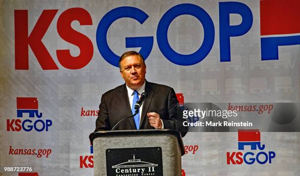Congressman Mike Pompeo addresses the Kansas State Republican convention prior to introducing candidates Senator Ted Cruz and Donald Trump to the...