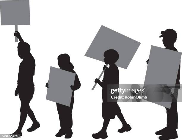 four children protesting silhouettes - placard protest stock illustrations