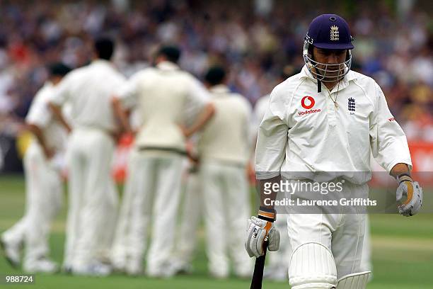Dejected Mark Ramprakash of England after losing his wicket to Jason Gillespie of Australia during the first day of the Npower Third Test match...